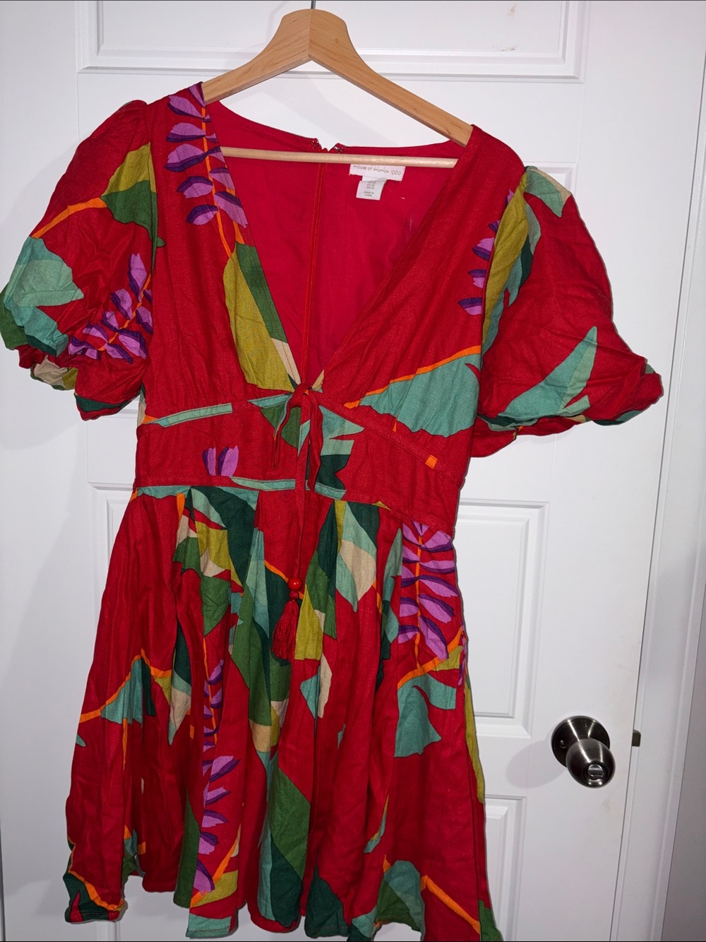 Red Floral Tie-Front Puff-Sleeve Dress